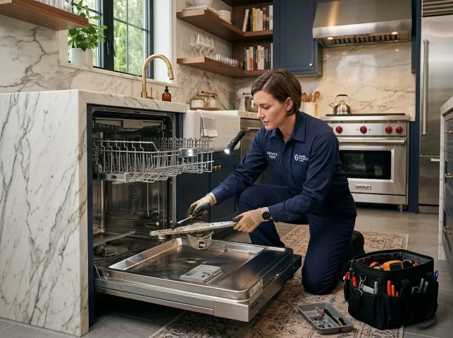 Appliance Repair Hero technician servicing a built-in dishwasher in a Bakerstown, PA kitchen