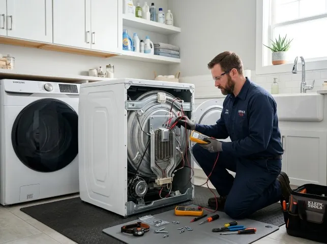 Appliance Repair Hero technician checking a dryer heating element with the rear panel off in Bakerstown, PA