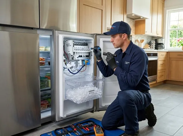 Appliance Repair Hero technician repairing a refrigerator ice maker in Bakerstown, PA