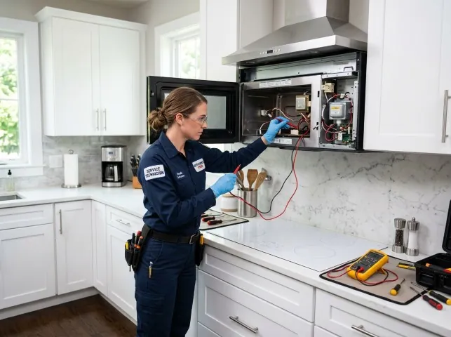 Appliance Repair Hero technician testing an over-the-range microwave in a Bakerstown, PA kitchen