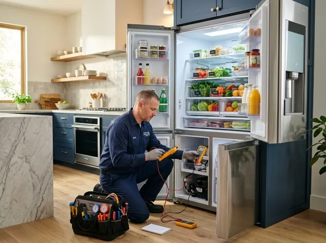 Appliance Repair Hero refrigerator technician testing a fridge on a Bakerstown, PA service call