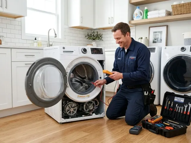 Appliance Repair Hero technician testing a front-load washer with a multimeter on a Bakerstown, PA service call